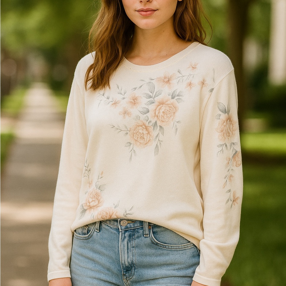 Alfred Dunner Ivory w/  Pink Floral Pattern Sweater Beads/Sequins Women’s Large